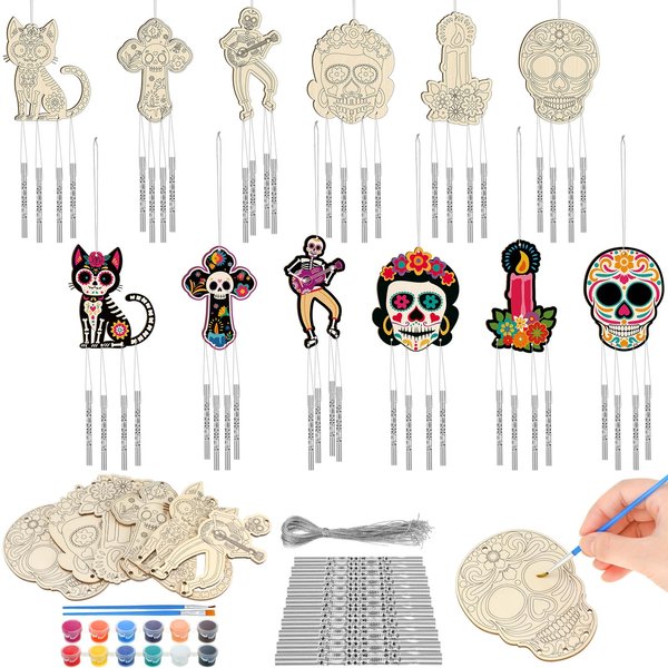 Silipull 24 Sets Day of The Dead Wind Chimes Craft for Kids Make Your Own Skull DIY Wooden Halloween Tree Ornament Mexican Fiesta Coloring Wind Chime for Gifts Halloween Home and Party Supplies