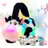 Hopearl LED Musical Stuffed Cow Handbag Lighting Up Singing Plush Toy Tote Bag Playset Mommy Cow with 3 Baby Dairy Cows in her Tummy Lullaby Animated Soothe Gifts for Kids, 11''