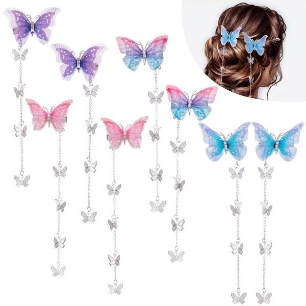 Mxxipp 8pcs Tassel Butterfly Hair Clips for Women, Non-Slip 3D Moving Butterfly Hair Pin Barrettes, Cute Decorative Hair Accessories for Valentines Wedding Prom Birthday Gift