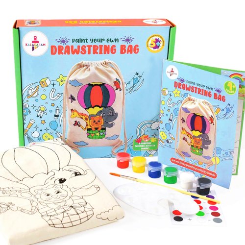 Kalakaram DIY Drawstring Bag Painting Kit, Animal Theme Painting Kit, Pre-Printed Canvas Drawstring Bag, DIY Activity Art and Craft Kit for Girls, Teens, & Kids Age 5, 6,7,8,9+ Kids, Multicolor