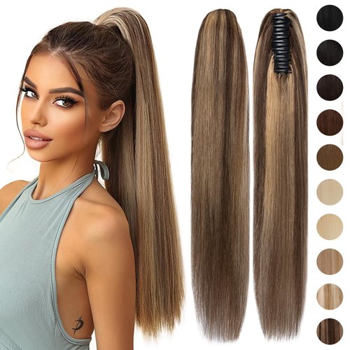 S-noilite Claw Clip Ponytail Extension Human Hair #4P27 Medium Brown Mix Dark Blonde Real Remy Human Hair Ponytail Extension 14inch Long Straight Hair Pony Tails Hair Extensions For Women 105Grams