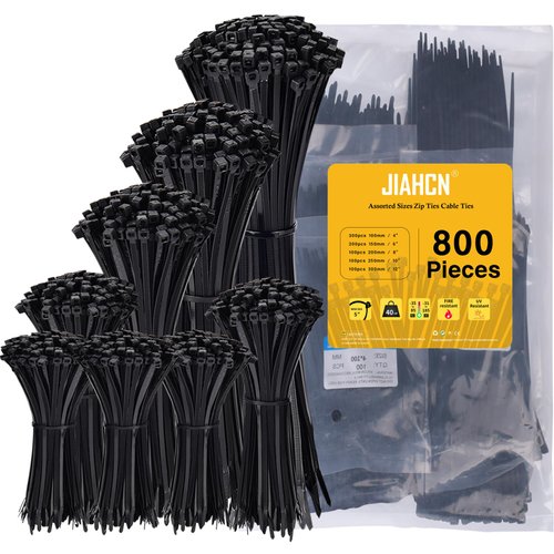 Zip Ties Assorted Sizes 800 Pack Black Cable Ties 4+6+8+10+12 Inch, Plastic Wire Ties Assortment Pack,Tie Straps Nylon Ties for Home,Office,Garden,Workshop Outdoor,Indoor Use