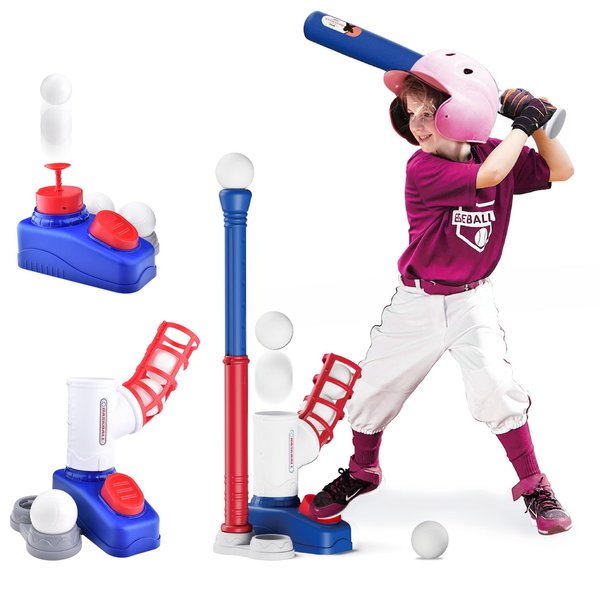 CASSRA 3-in-1 Baseball Training Kit - T Ball Set for Indoor and Outdoor Play, Base Ball Launcher, 6 Baseballs, 1 Pitching Set, Christmas and Birthday Gifts