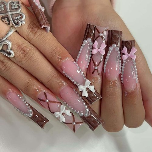 Hkanlre Press on French Nails Square Brown Fake Nails Tips Full Cover Long Bow False Pearl 3D Nails for Women and Girls 24PCS