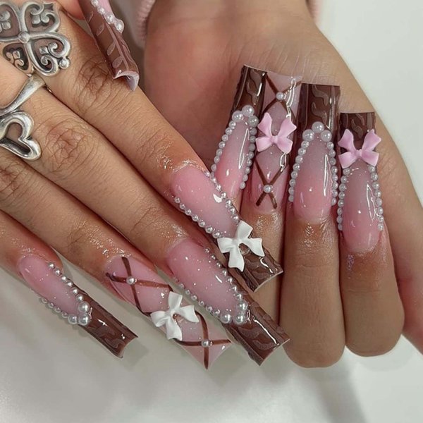 Hkanlre Press on French Nails Square Brown Fake Nails Tips Full Cover Long Bow False Pearl 3D Nails for Women and Girls 24PCS