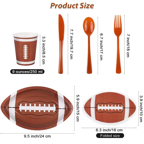 ADXCO 145 Pieces Football Themed Party Supplies Football Paper Plates Cups Napkins Spoons Forks Knives Tablecloth Football Party Tableware for Game Day Party Decorations, Serves 24 Guests