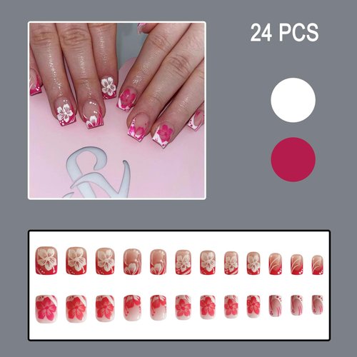 24Pcs Pink Flower Press on Nails Short Square White French Tips Fake Nail with White Flower Designs Acrylic False Nails Full Cover Glossy Glue on Nails for Women Girls DIY Manicure Decoration