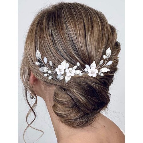 Heread Flower Bride Wedding Hair Pins Silver Leaf Bridal Hair Pieces Opal Crystal Hair Accessories for Women and Girls (Pack of 2)