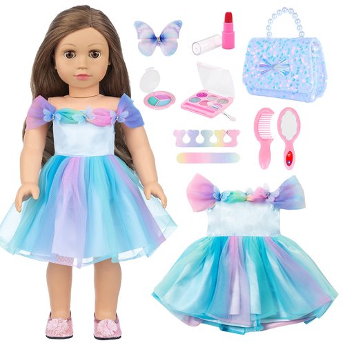 American 18 Inch Doll Clothes and Accessories Makeup Set Fashionable 18 Inch Doll Dress with Sequins Bag Cosmetic Game Set for 18 Inch Doll