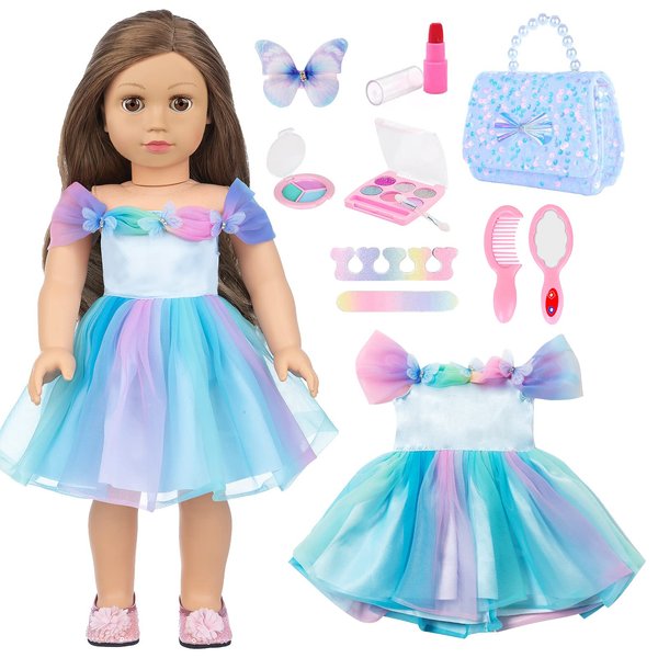 American 18 Inch Doll Clothes and Accessories Makeup Set Fashionable 18 Inch Doll Dress with Sequins Bag Cosmetic Game Set for 18 Inch Doll