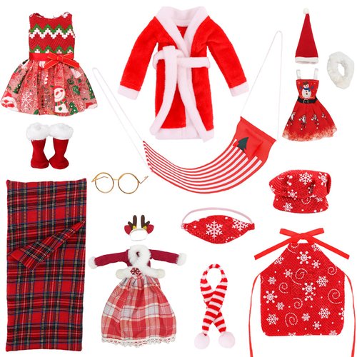 14pcs Christmas Clothes Santa Couture for Elf Accessories Include Sleeping Bag, Scarf, Glasses, Socks Boot, Hammock, Bathrobe, Apron and Chef Cap, Skirt, for Elf Doll Decorations
