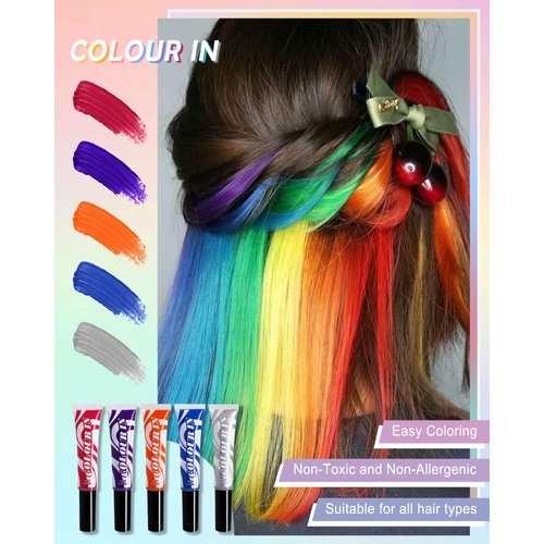 Temporary Hair Color Kit-5 Colors Pink Purple Blue Orange Silver Washable Hair Chalk Dye,Colored Hair Chalk for Women Men Girl,Hair Makeup Gift Set for Halloween Christmas Cosplay Hair DIY Party-Set B
