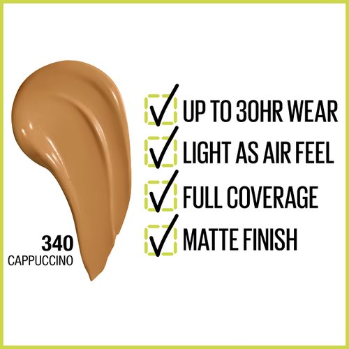 Maybelline Super Stay Full Coverage Liquid Foundation Active Wear Makeup, Up to 30Hr Wear, Transfer, Sweat & Water Resistant, Matte Finish, Cappuccino, 1 Count
