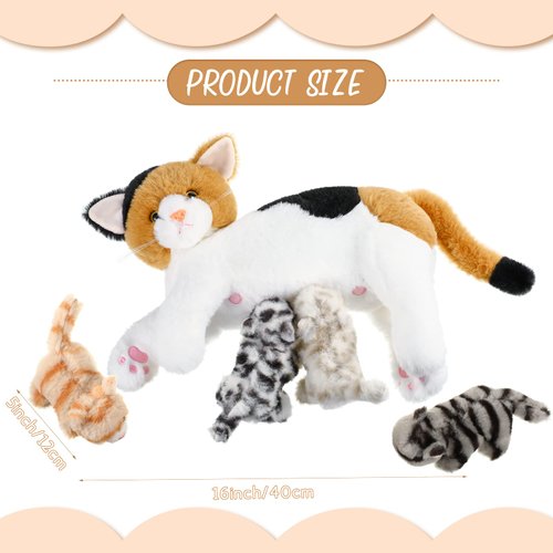 Skylety Nurturing Cat Stuffed Animal with Plush Kittens, Cat Baby Christmas Stuffed for Girls and Boys Plushy Kitty Mommy Cat with 4 Baby Cats for Birthday Party Favors Gifts (Lovely Style)