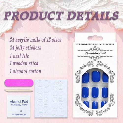Short Square Press on Nails SWEKKE Petite Fake Nails Blue Full Cover False Nails with Nail Glue Royal Blue Solid Color Glossy Glue on Nails Stick on Nails Acrylic Nails Artificial Nails for Women Girls 24Pcs