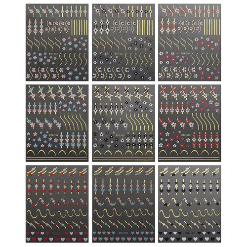 JMEOWIO 9 Sheets Heart Line Flower Nail Art Stickers Decals Self-Adhesive Pegatinas Uñas Colorful Nail Supplies Nail Art Design Decoration Accessories