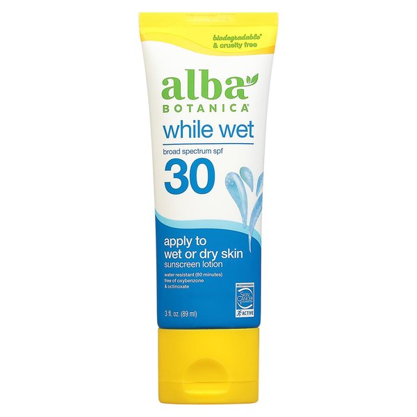 Alba Botanica Sunscreen for Face and Body, While Wet Sunscreen Lotion, Broad Spectrum SPF 30, Water Resistant Sunscreen for Wet and Dry Skin, 3 fl. oz. Bottle