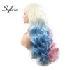 Sylvia Ombre Platinum Blonde to Blue Pink Lace Front Wig Rainbow Colorful Synthetic Wigs 24 Inch Body Wave Half Hand Tied Wig Middle Part 180% Density Heat Resistant Hair Replacement for Woman
