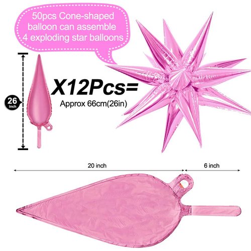 50 Pcs Pink Foil Cone Star Balloons Big 26 inch Pearl Pink Explosion Star Mylar Balloons 12 Point 3D Starburst Star Balloons for Party Supplies Christmas Birthday Wedding Decorations Party Supplies
