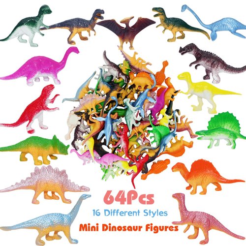 HOXBUR 64Pcs Mini Dinosaur Figures, Assorted Small Plastic Dinosaur Toys for Cake Toppers Easter Eggs Filler