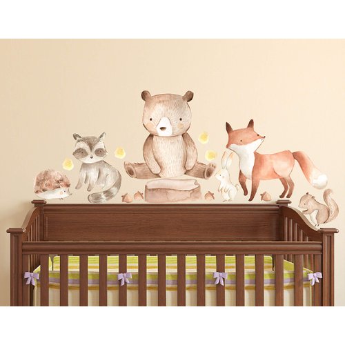 Watercolor Woodland Forest Animal Creatures Wall Decal Nursery Décor Bear Fox Bunny Raccoon Porcupine Squirrel Peel and Stick Kids Wall Art #3073