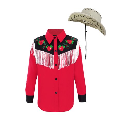 Muztagata Cowboy Fringe Cosplay Costume Embroidered Button Down Shirt With Hat for Kids Boys-Medium