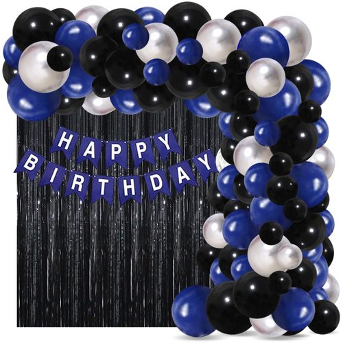 Blue Birthday Decorations for Men Boys 21th 25th 27th 30th 40th 50th 60th Happy Birthday Decorations for Men Blue Silver Black Balloons, Birthday Banner, Fringe Curtains, Blue Silver Balloons
