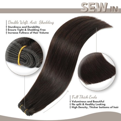 Jerriess Sew in Hair Extensions Real Human hair, Silky Soft &Shiny Double Drawn Weft Hair Extensions human hair, Thick ends &Tangle Free Human hair extensions sew in, 100g Straight Dark Brown, 20 inch