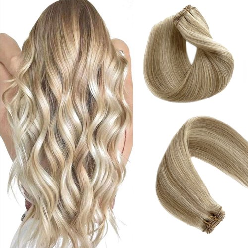 Remy Sew in Human Hair Extensions Brown to Blonde Highlights Weft Hair Extensions Balayage Colored 24 inch Hair Double Wefts Hair Bundles Sew in Hair Extensions Real Human Hair for White Women 120g