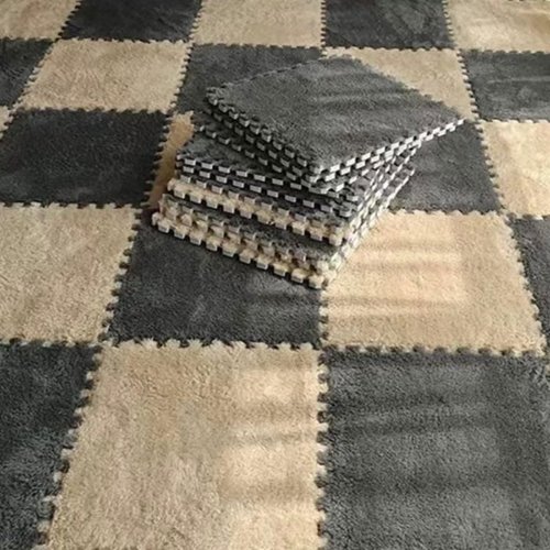 Typutomi 10pcs Plush Puzzle Foam Floor Mat, Soft Fluffy Interlocking Square Foam Tiles Area Rugs Carpet for Parlor Bedroom Decoration(11.8x11.8in, Grey & Light Brown)