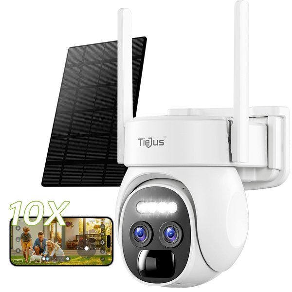 TIEJUS 10X Zoom Dual Lens Security Cameras Wireless Outdoor, 360° PTZ Solar Cameras for Home Security Outside, 2K Color Night Vision, Motion Alarm