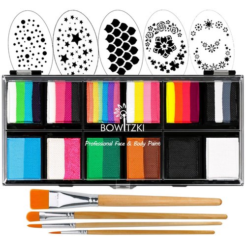 Bowitzki 12x10 gm Face Paint Professional Body Painting Kit For Kids Adults Stencil One Stroke Split Cake Non Toxic Rainbow Flora Dolphin Unicorn Flame Makeup Halloween Christmas Easter -Carnival Set