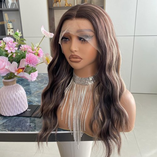 Carkira Auburn Brown Wigs Highlight Ash Blonde Mixed 13x4 Lace Front Wig Ombre Dark Color 4/27 Colored Piano Synthetic Fiber Body Wave 18Inch for Women