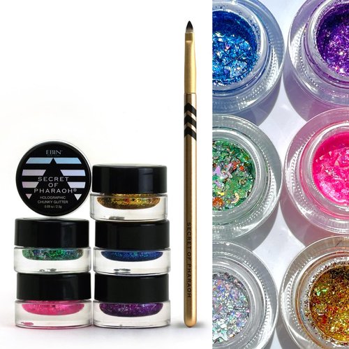 Secret of Pharaoh Holographic Chunky Glitter Gel Set with Brush | Perfect for Hair, Body, and Face Makeup, Vibrant Colores, Festival and Party Makeup - Versatile and Long-Lasting Shimmering Effect