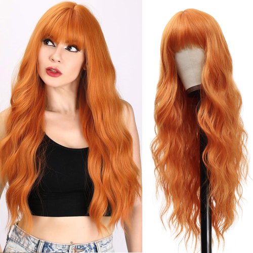Orange Wig Long Wavy Wig with Bangs Orange Curly Wigs for Women Synthetic Curly Wavy Wig for Party Cosplay Daily Use 26 Inch