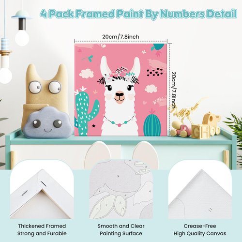 4 Pack Paint by Numbers Kits for Kids with Wooden Frame-Cartoon Animal Painting by Numbers for Kids Adults Beginners, Easy Paint by Numbers Kit Crafts for Kid Paint by Number for Wall Decor(8X8inch)