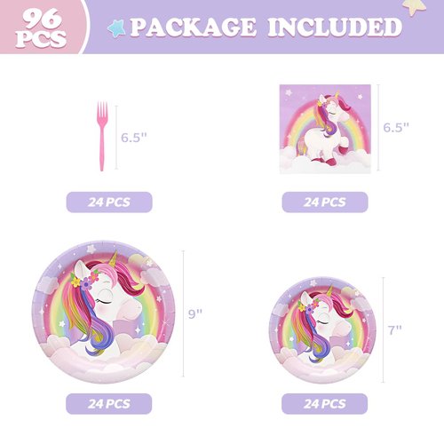 96Pcs Unicorn Party Supplies Set Including Rainbow Unicorn Paper Dinner Plates, Dessert Plates, Napkins, Forks for Unicorn Theme Birthday Party Decorations Girls Tableware Baby Shower Favor Serve 24