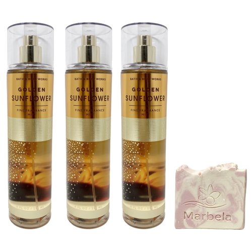 Bath & Body Works Golden Sunflower Fine Fragrance Mist 3 Pack - with a Himalayan Salts Springs Sample Soap.