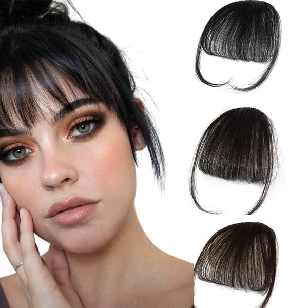 Generic Clip In Bangs Air Bangs wig piece Extensions Hair Clip Wispy Bangs Fringe with Temples Forehead wig piece for Women（Natural black, dark brown, brown black）3pcs