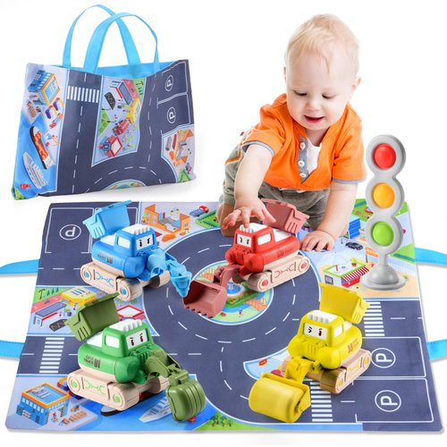 Press and Go Car Toys for Toddlers 1-3,Baby Truck Vehicle Set with Playmat/Storage Bag Traffic Si...
