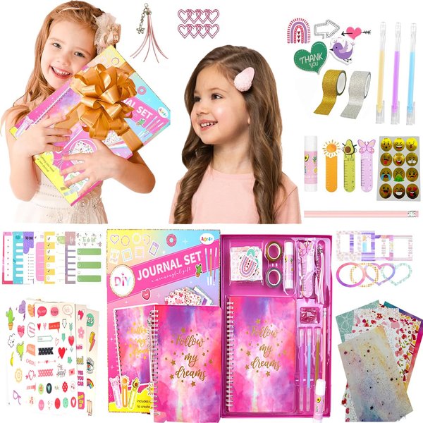 Diy Journal Kit for Girls Golden Pink Diary Journaling Supplies Kids Scrapbook Kit with Notebook Stickers Gel Pens Personalized Stationery Set for Teen Creative Birthday Chrismas Girls Diary Gift Set