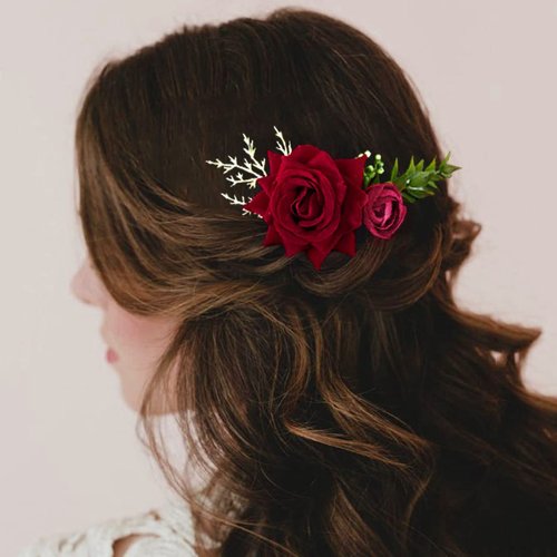 Fangsen Wedding Rose Flower Hair Comb Bridal Headpiece Floral Hair Accessories for Brides and Bridesmaids (Deep Red 02)