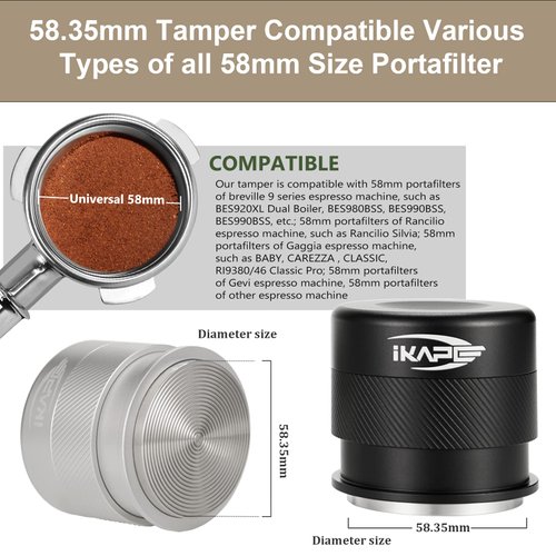 IKAPE Coffee Products, 58MM Espresso Tamper, Premium Barista Coffee Calibrated Tamper with Spring Loaded, 100% Stainless Steel Tamper Compatible with All 58MM Bottomless Portafilter (Silver)