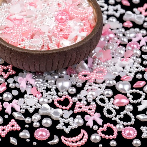 600Pcs 3D Multi Shapes Nail Charms and Flatback Pearls, White&Pink Mix Styles Heart Star Bow Sunflower Embellishments for Nail Art, Craft and Decoration with Tweezer and Pickup Pencil