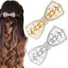 HINZIC 2PCS Wedding Pearl Diamond Bow Hair Clips Gold and Silver Pearl Bow Hair Barrettes Bridal Halloween Christmas Rave Wedding Hair Accessories Hair Gifts for Women Valentine