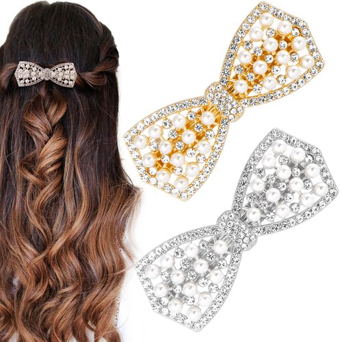 HINZIC 2PCS Wedding Pearl Diamond Bow Hair Clips Gold and Silver Pearl Bow Hair Barrettes Bridal Halloween Christmas Rave Wedding Hair Accessories Hair Gifts for Women Valentine