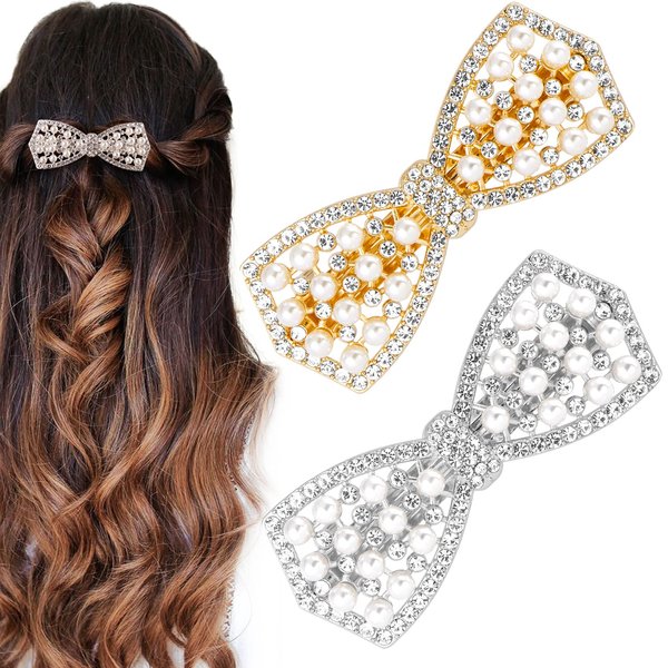 HINZIC 2PCS Wedding Pearl Diamond Bow Hair Clips Gold and Silver Pearl Bow Hair Barrettes Bridal Halloween Christmas Rave Wedding Hair Accessories Hair Gifts for Women Valentine