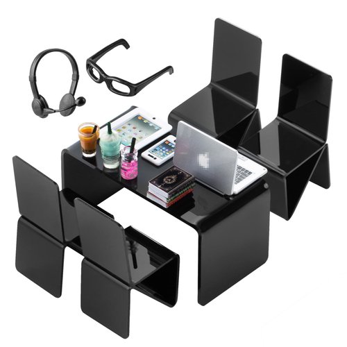 YOUHORYA 16Pcs Miniature Laptop Computer Tablet Toy Phone Pad and Coffee Juice Doll Accessories Mini Chairs and Table Glasses Headset Drink Playset Girl Smart Scene Simulation for 1/6 1/12