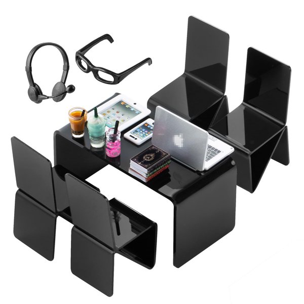 YOUHORYA 16Pcs Miniature Laptop Computer Tablet Toy Phone Pad and Coffee Juice Doll Accessories Mini Chairs and Table Glasses Headset Drink Playset Girl Smart Scene Simulation for 1/6 1/12