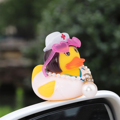 wonuu Car Rubber Duck Car Duck Decoration Dashboard Car Ornament for Car Dashboard Decoration Accessories with Mini Swim Ring Necklace and Sunglasses, A_Nurse Duck_Pink Swim_Heart Glasses_Big Pearl